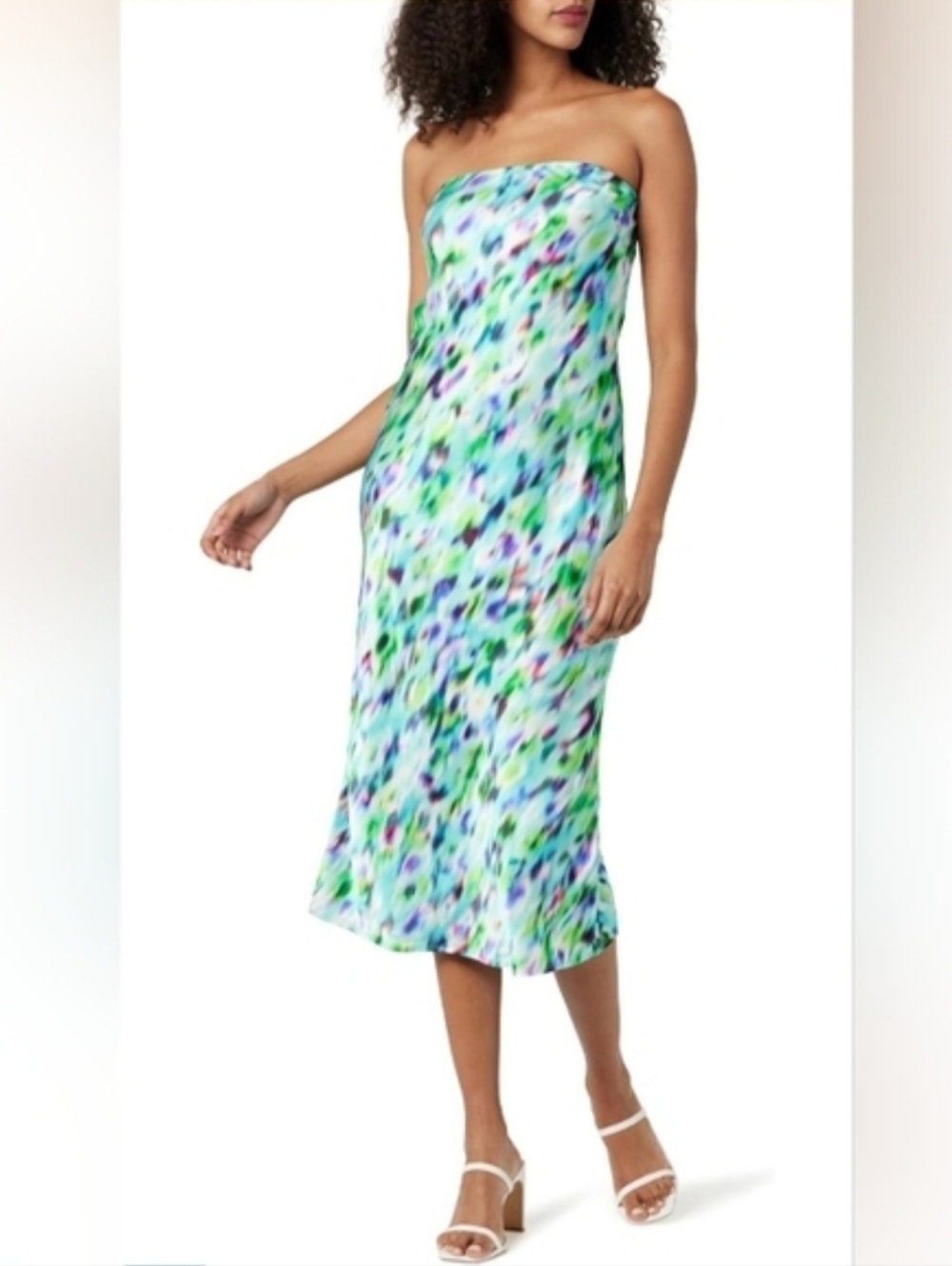 The Drop Women's XL Danica Strapless Watercolor Print Midi Dress - Blue & Green